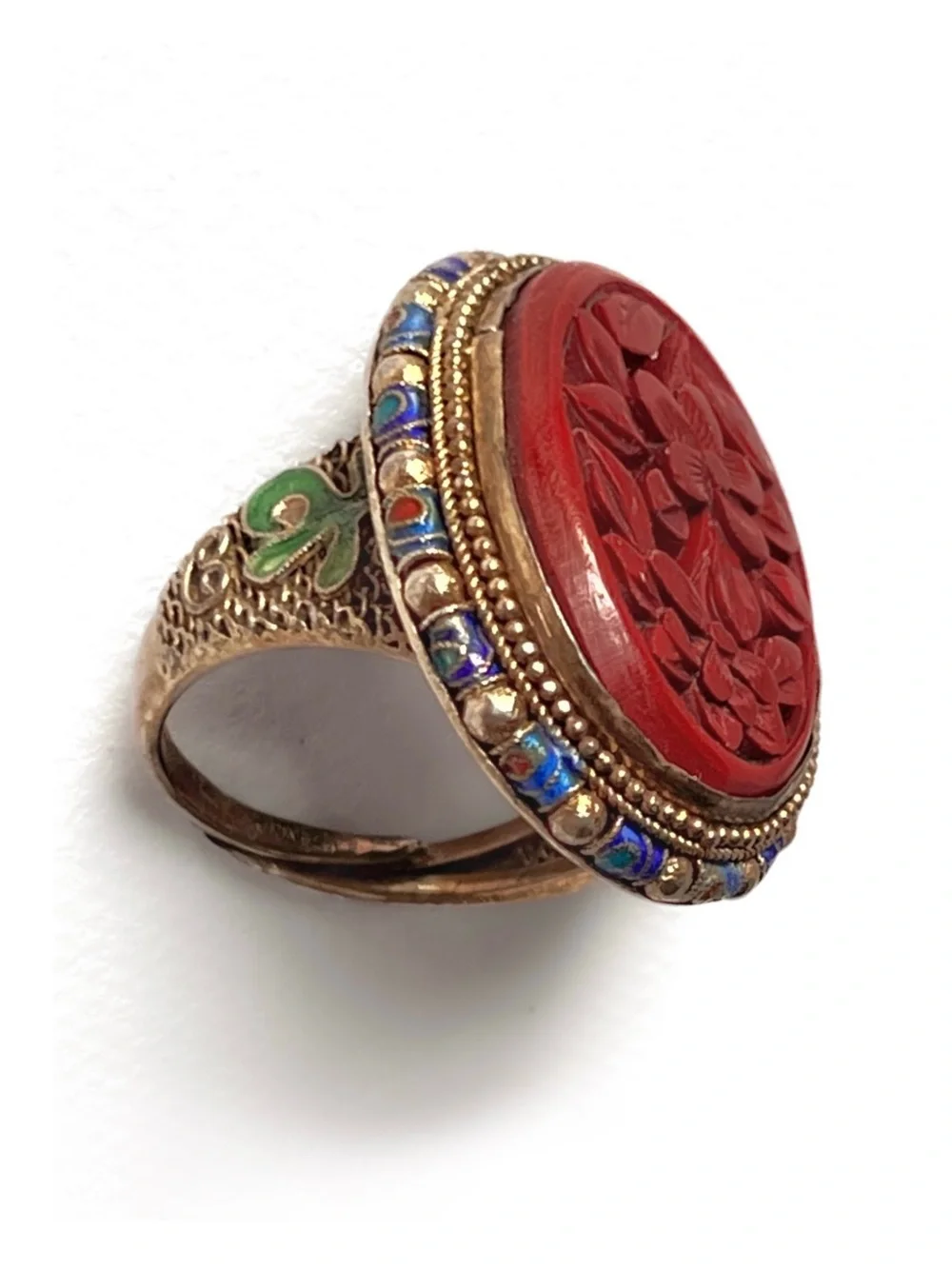 Antique Chinese Cinnabar Ring Carved Floral Silver Gold Gilt Enamel Adjustable